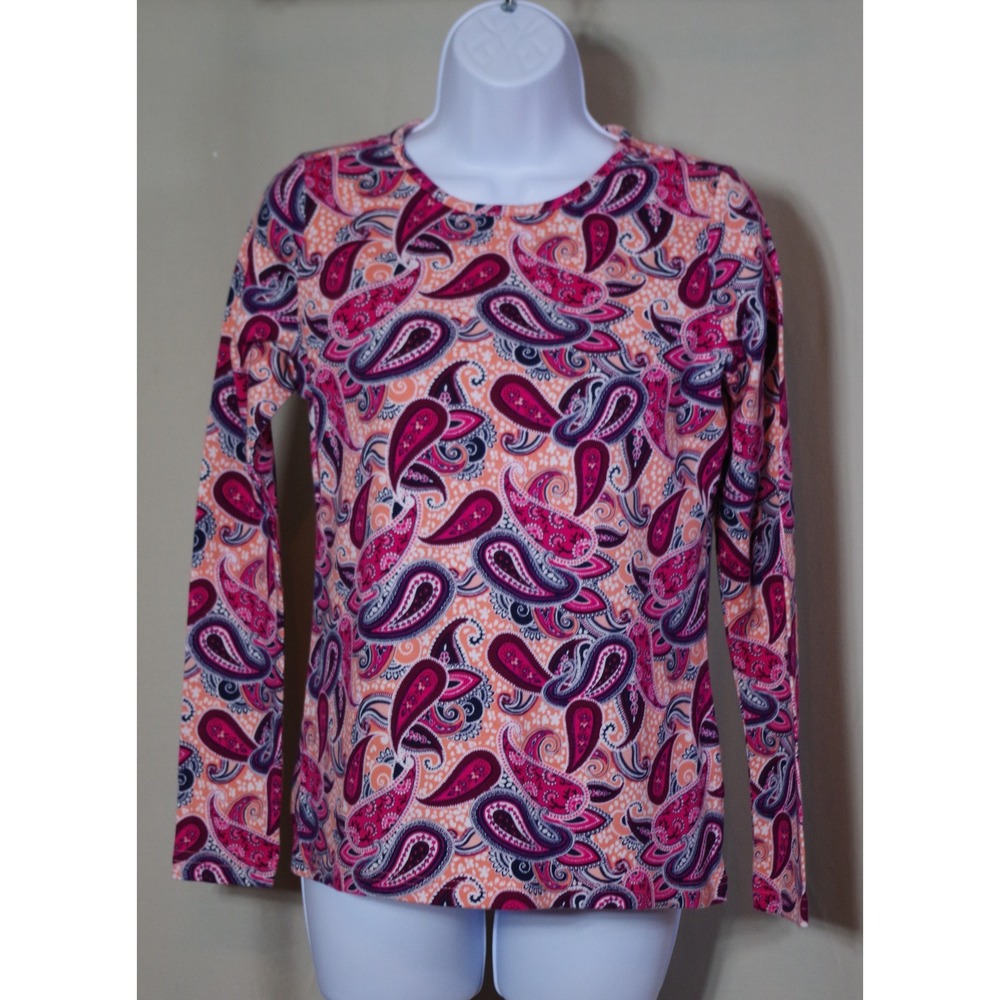 Kim Rogers Womens Small Pink Purple Paisley Long Sleeve 100% Cotton Crew Neck